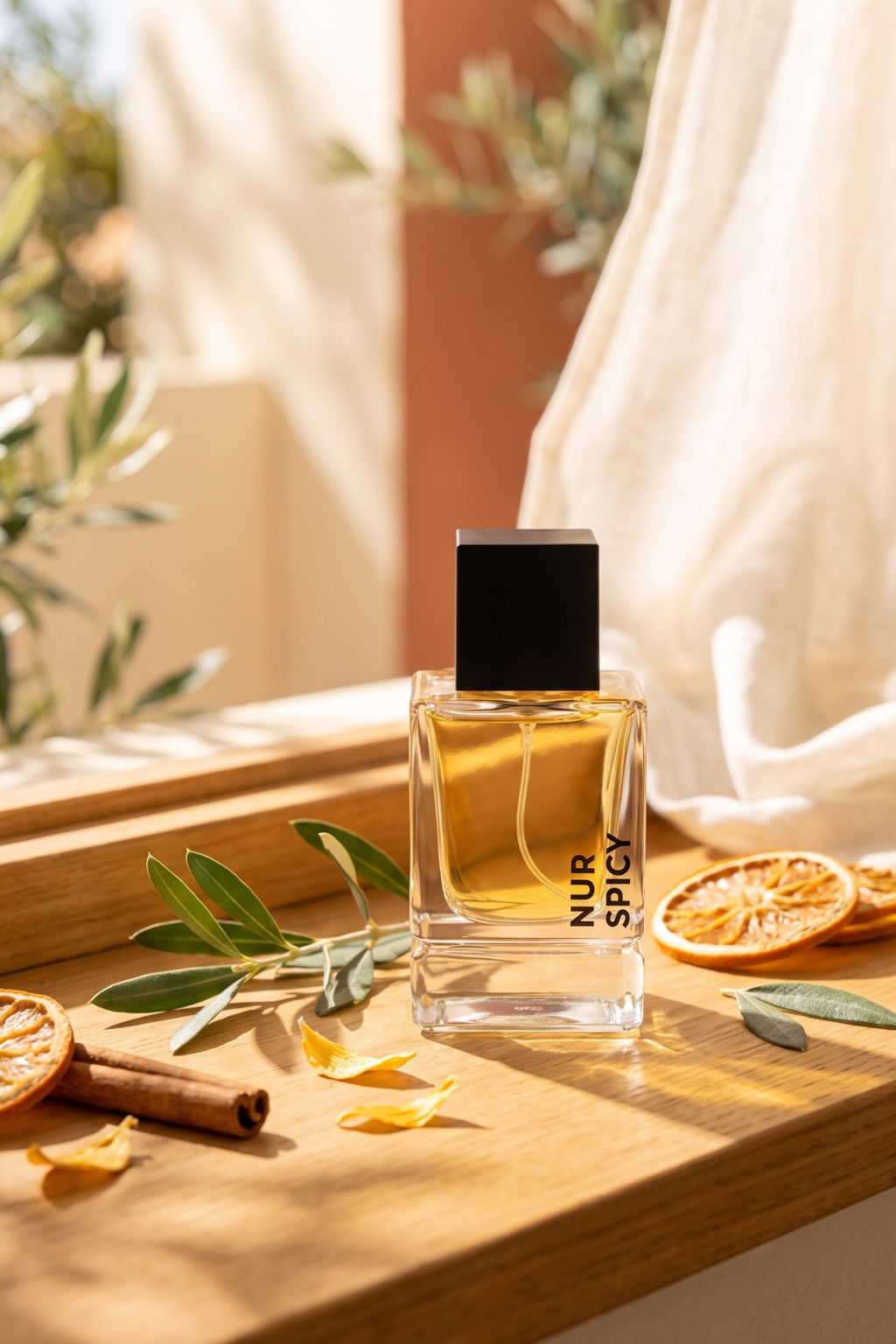 A clear rectangular perfume bottle labeled 'NUR SPICY' with a black cap, placed on a wooden surface with dried orange slices, green leaves, and cinnamon sticks in warm sunlight.