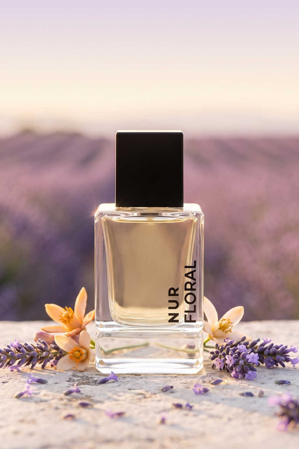 A clear rectangular perfume bottle with a black cap stands on a stone surface surrounded by lavender flowers, with a blurred lavender field in the background. The bottle label reads NUR FLORAL.